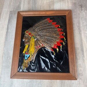 Vintage Indian Framed Art Work 3D Chief? 13x11 Headdress